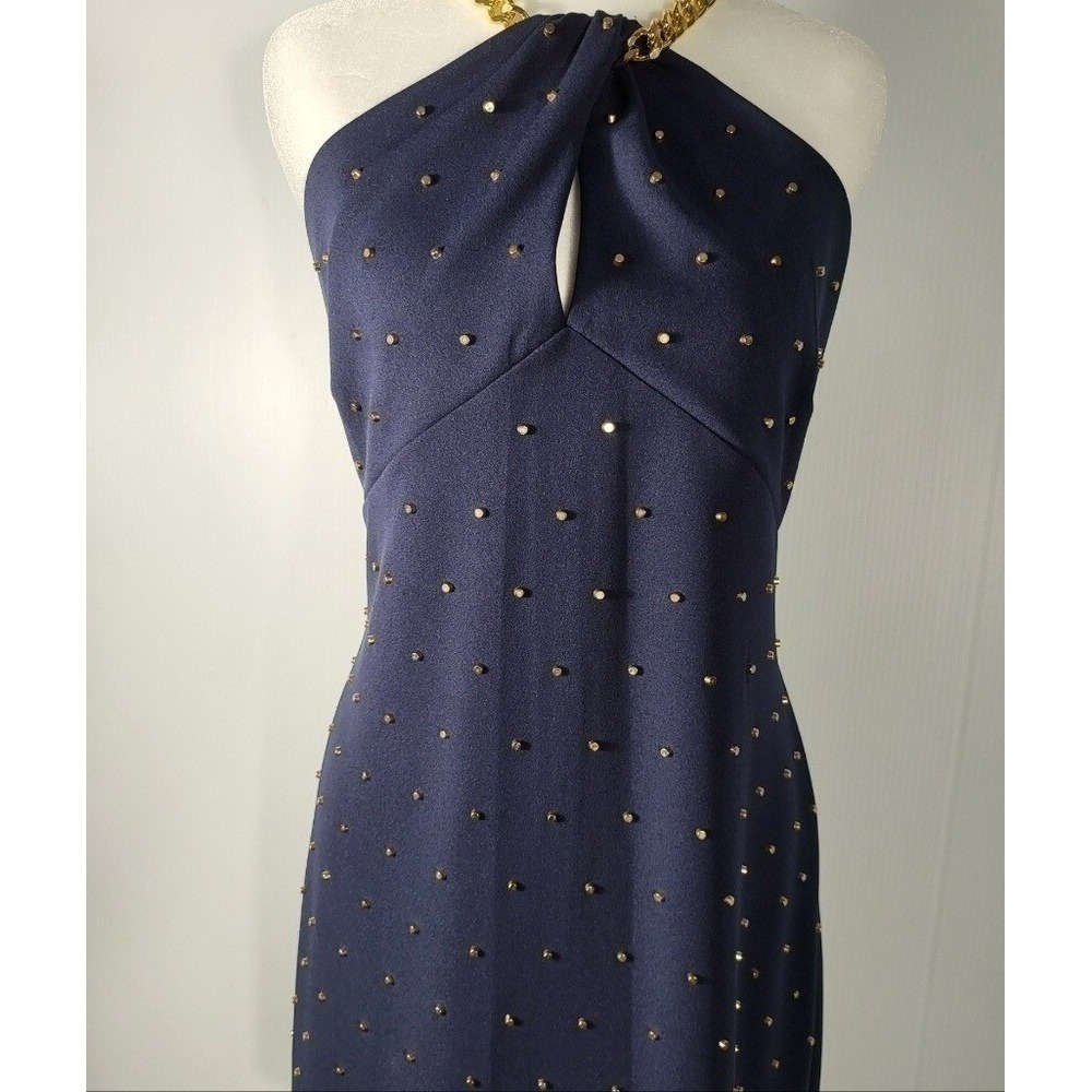 Michael Kors Navy Blue Studded Chain Halter Mini Dress Gold Hardware Large - Picture 2 of 9